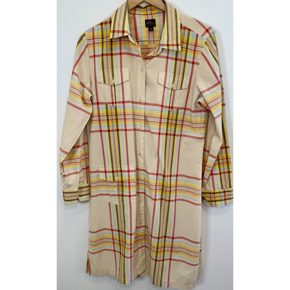 L.L.Bean Signature Women's 14 Plaid Shirt Dress Button Front Roll Tab Sleeves